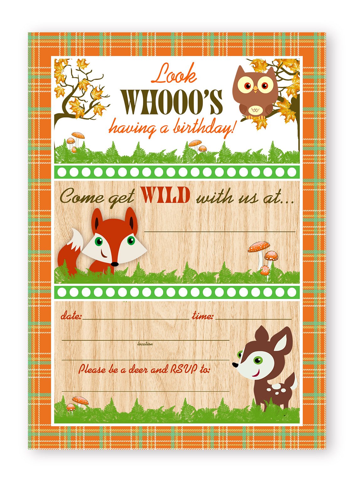 POP parties Woodland Critters Birthday Party Large Invitations - 10 Invitations 10 Envelopes