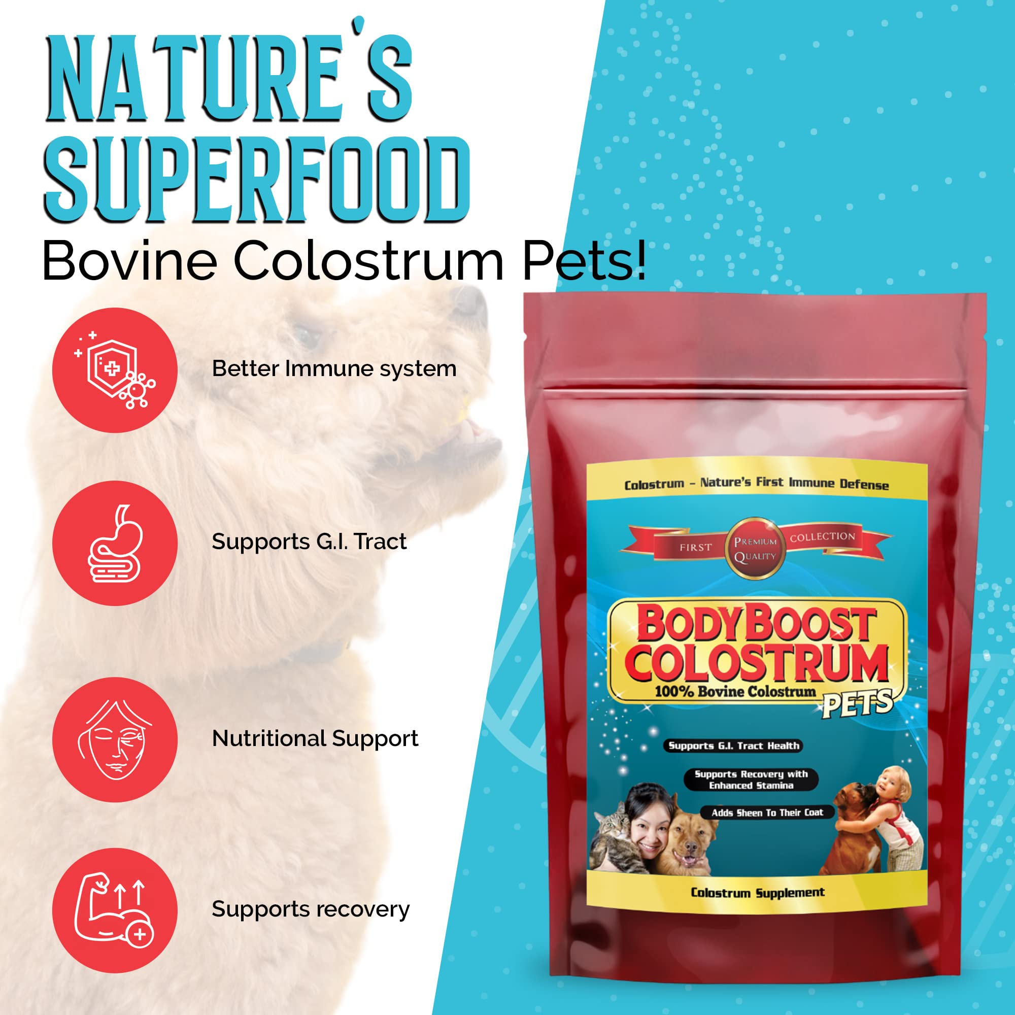 BodyBoost Bovine Colostrum for Dogs and Cats, Organic Immune Support Supplement for Allergy and Itch Relief, Grass Fed Colostrum Powder for Pets, Dog Gut Health, All Ages, 8 oz