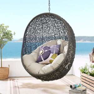 Modway EEI-2273-GRY-BEI Hide Wicker Rattan Outdoor Patio Porch Lounge Egg Set, Swing Chair with Stand, Beige