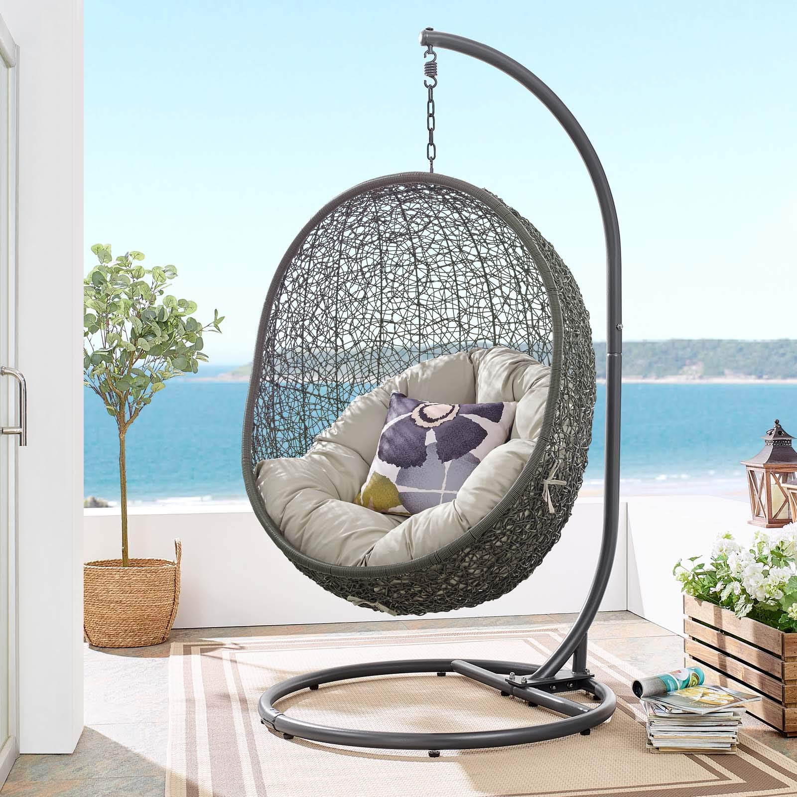 Modway EEI-2273-GRY-BEI Hide Wicker Rattan Outdoor Patio Porch Lounge Egg Set, Swing Chair with Stand, Beige