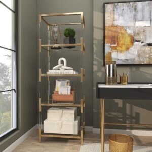 Deco 79 Metal Minimalistic 5 Tier Shelving Unit with Clear Glass Shelves and Acrylic Legs, 22" x 15" x 69", Gold