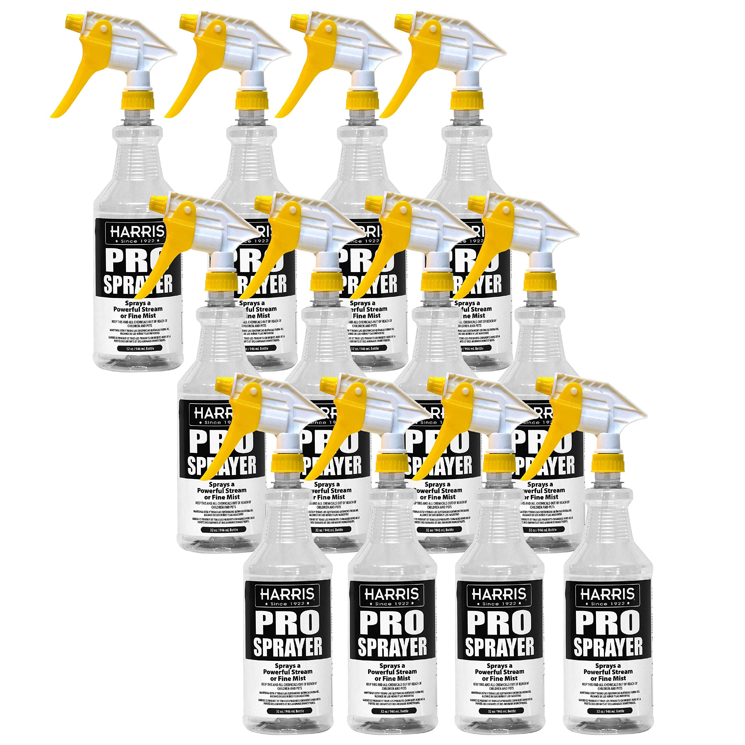 HARRIS Professional Spray Bottle 32oz (12-Pack), All-Purpose with Clear Finish, Pressurized Sprayer, Adjustable Nozzle and Measurements