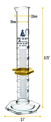 EISCO Graduated Cylinder, 25mL - ASTM, Class A Tolerance ±0.17mL - Protective Collar, Hexagonal Base - Blue Graduations - Borosilicate 3.3 Glass