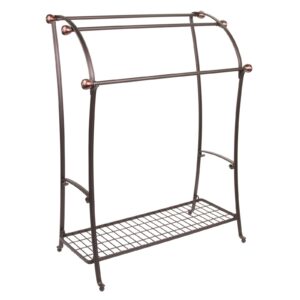 mDesign Large Standing Metal Bathroom Towel Holder Stand with Shelf - 3-Tier Towel Rack Stand for Hanging Bath, Hand, Fingertip Towels - Towel Stand for Bathroom - Hyde Collection - Bronze/Warm Brown