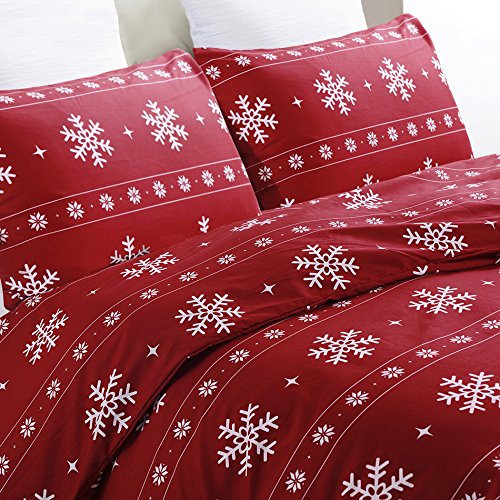 Vaulia Lightweight Microfiber Duvet Cover Set, Snowflake Pattern Design for Christmas New Year Holidays, Red Color - Queen Size