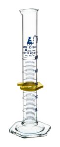 eisco graduated cylinder, 25ml - astm, class a tolerance ±0.17ml - protective collar, hexagonal base - blue graduations - borosilicate 3.3 glass