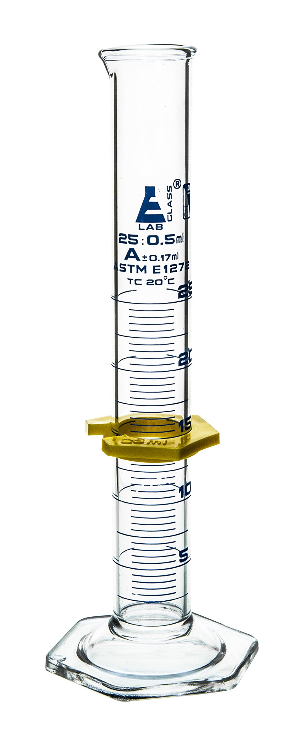 EISCO Graduated Cylinder, 25mL - ASTM, Class A Tolerance ±0.17mL - Protective Collar, Hexagonal Base - Blue Graduations - Borosilicate 3.3 Glass