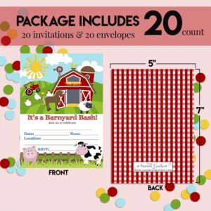 Barnyard Bash Farm and Barn Themed Birthday Party Invitations, 20 5x7 Fill In Cards with Twenty White Envelopes by AmandaCreation