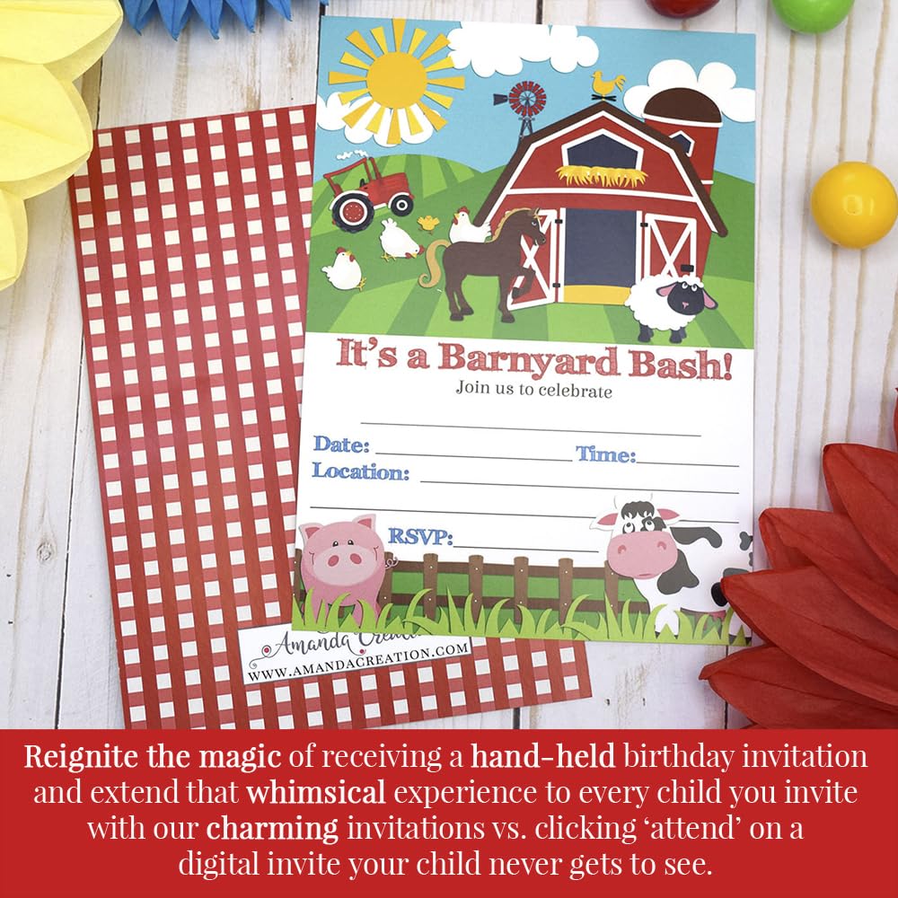 Barnyard Bash Farm and Barn Themed Birthday Party Invitations, 20 5x7 Fill In Cards with Twenty White Envelopes by AmandaCreation