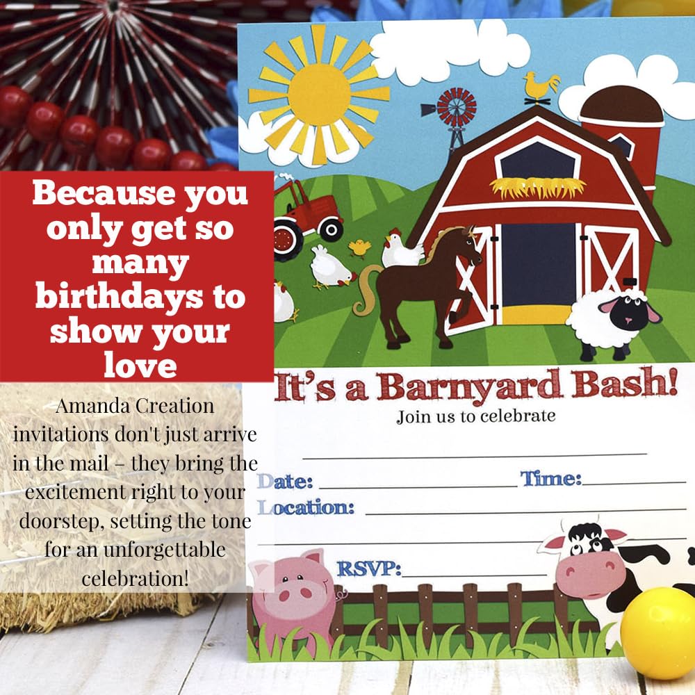 Barnyard Bash Farm and Barn Themed Birthday Party Invitations, 20 5x7 Fill In Cards with Twenty White Envelopes by AmandaCreation