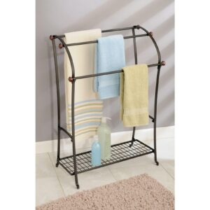 mDesign Large Standing Metal Bathroom Towel Holder Stand with Shelf - 3-Tier Towel Rack Stand for Hanging Bath, Hand, Fingertip Towels - Towel Stand for Bathroom - Hyde Collection - Bronze/Warm Brown