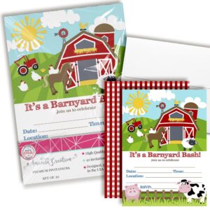 barnyard bash farm and barn themed birthday party invitations, 20 5x7 fill in cards with twenty white envelopes by amandacreation