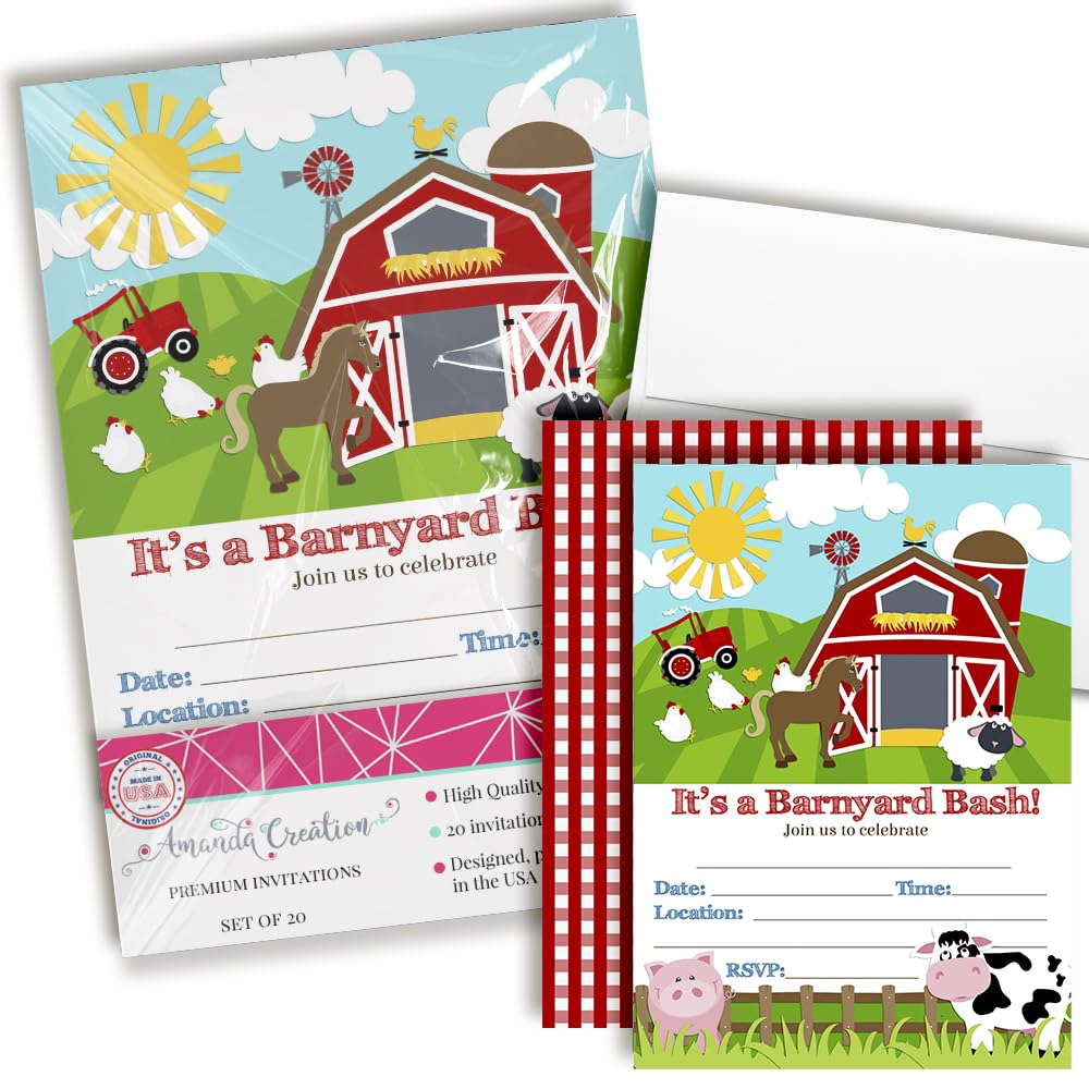 Barnyard Bash Farm and Barn Themed Birthday Party Invitations, 20 5x7 Fill In Cards with Twenty White Envelopes by AmandaCreation