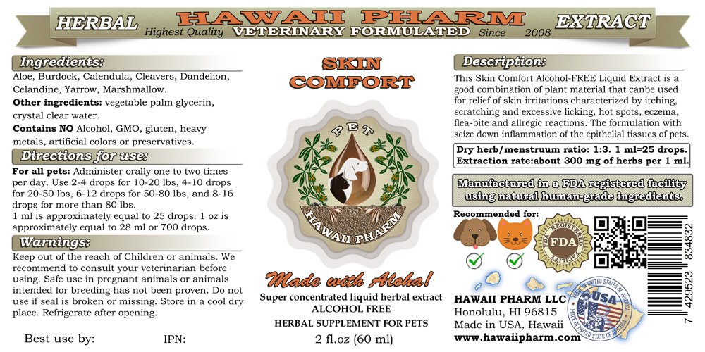 HawaiiPharm Skin Comfort, Veterinary Natural Alcohol-Free Liquid Extract, Pet Herbal Supplement 2 oz