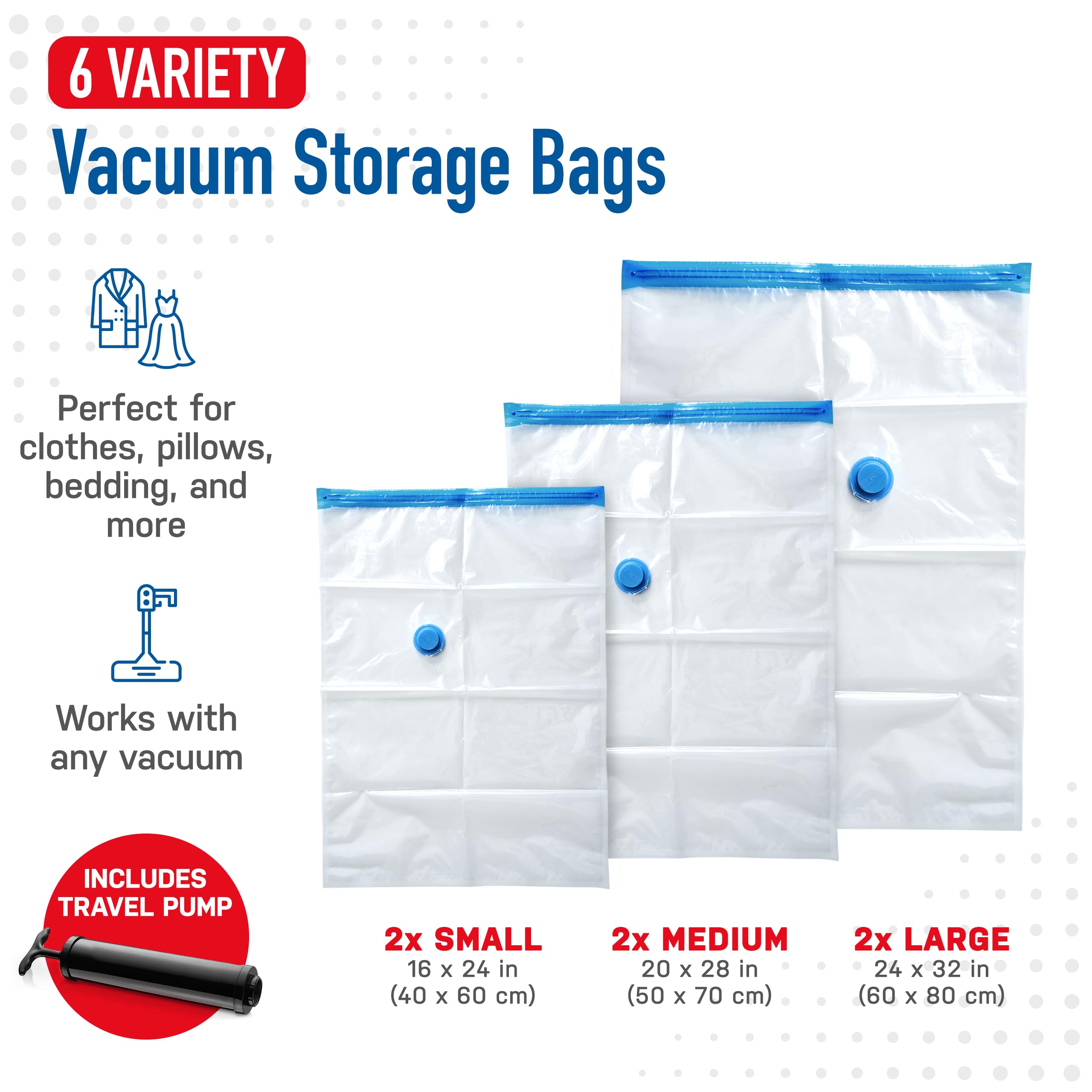 Spacesaver Vacuum Storage Bags (Variety 6-pk) Save 80% Clothes Storage Space - Space Saver Vacuum Storage Bags for Comforters, Bedding, Clothing - Compression Seal for Closet Storage - Pump for Travel