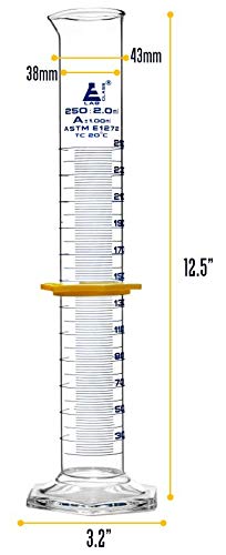 EISCO Graduated Cylinder, 250mL - ASTM, Class A Tolerance ±1.00mL - Protective Collar, Hexagonal Base - Blue Graduations - Borosilicate 3.3 Glass