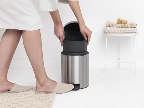 Brabantia New Icon Step Trash Can (1.3 Gal/Matt Steel FPP) Soft Closing Kitchen Garbage/Recycling Can with Removable Bucket