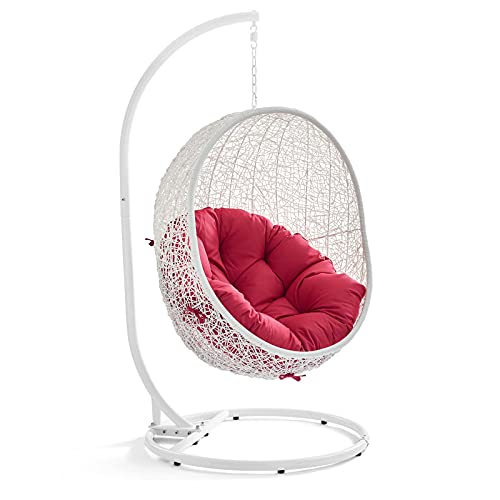 Modway EEI-2273-WHI-RED Hide Wicker Rattan Outdoor Patio Porch Lounge Egg Set, Swing Chair with Stand, Red