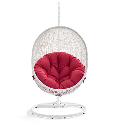 Modway EEI-2273-WHI-RED Hide Wicker Rattan Outdoor Patio Porch Lounge Egg Set, Swing Chair with Stand, Red