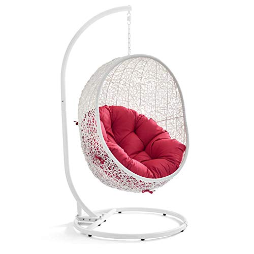 Modway EEI-2273-WHI-RED Hide Wicker Rattan Outdoor Patio Porch Lounge Egg Set, Swing Chair with Stand, Red