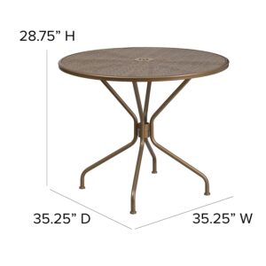 Flash Furniture Oia Commercial Grade 35.25" Round Gold Indoor-Outdoor Steel Patio Table with Umbrella Hole