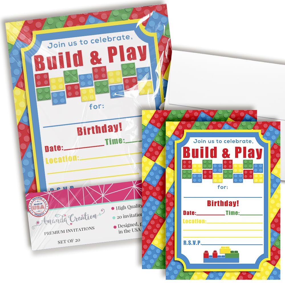 Building Blocks Birthday Party Invitations, 20 5x7 Fill In Cards with Twenty White Envelopes by AmandaCreation