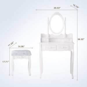 mecor Vanity Table Set with 4 Drawer,Makeup Dressing Table w/Cushioned Stool,Girls Women Bedroom Furniture Set Oval Mirror White