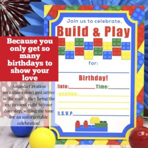 Building Blocks Birthday Party Invitations, 20 5x7 Fill In Cards with Twenty White Envelopes by AmandaCreation