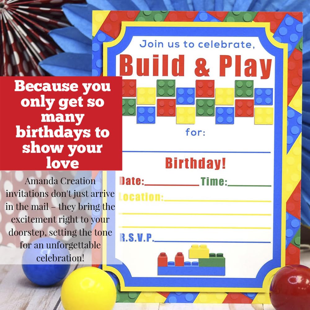 Building Blocks Birthday Party Invitations, 20 5x7 Fill In Cards with Twenty White Envelopes by AmandaCreation