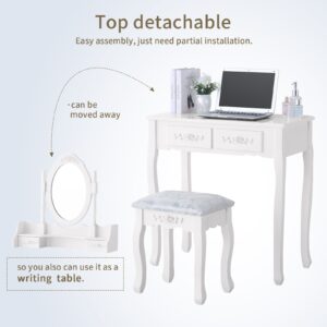 mecor Vanity Table Set with 4 Drawer,Makeup Dressing Table w/Cushioned Stool,Girls Women Bedroom Furniture Set Oval Mirror White