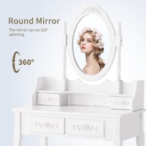 mecor Vanity Table Set with 4 Drawer,Makeup Dressing Table w/Cushioned Stool,Girls Women Bedroom Furniture Set Oval Mirror White