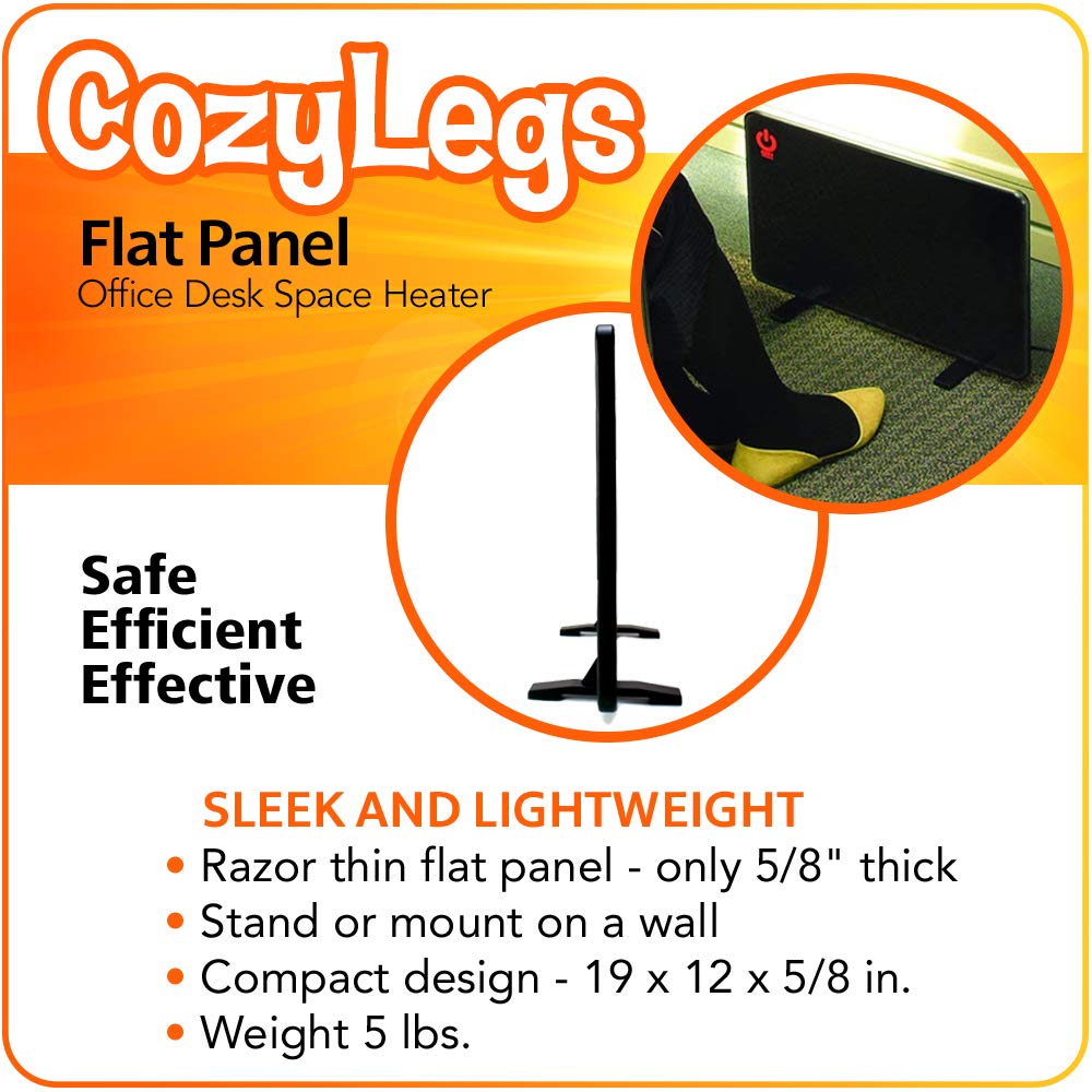 Cozy Products New and Improved Cozy Legs, Flat Panel Space Heater for Home and Office, Portable Heater with Built-in Thermostat, 200-watt, Energy-Efficient, 19" x 13" x 5/8", 5 lbs., Black