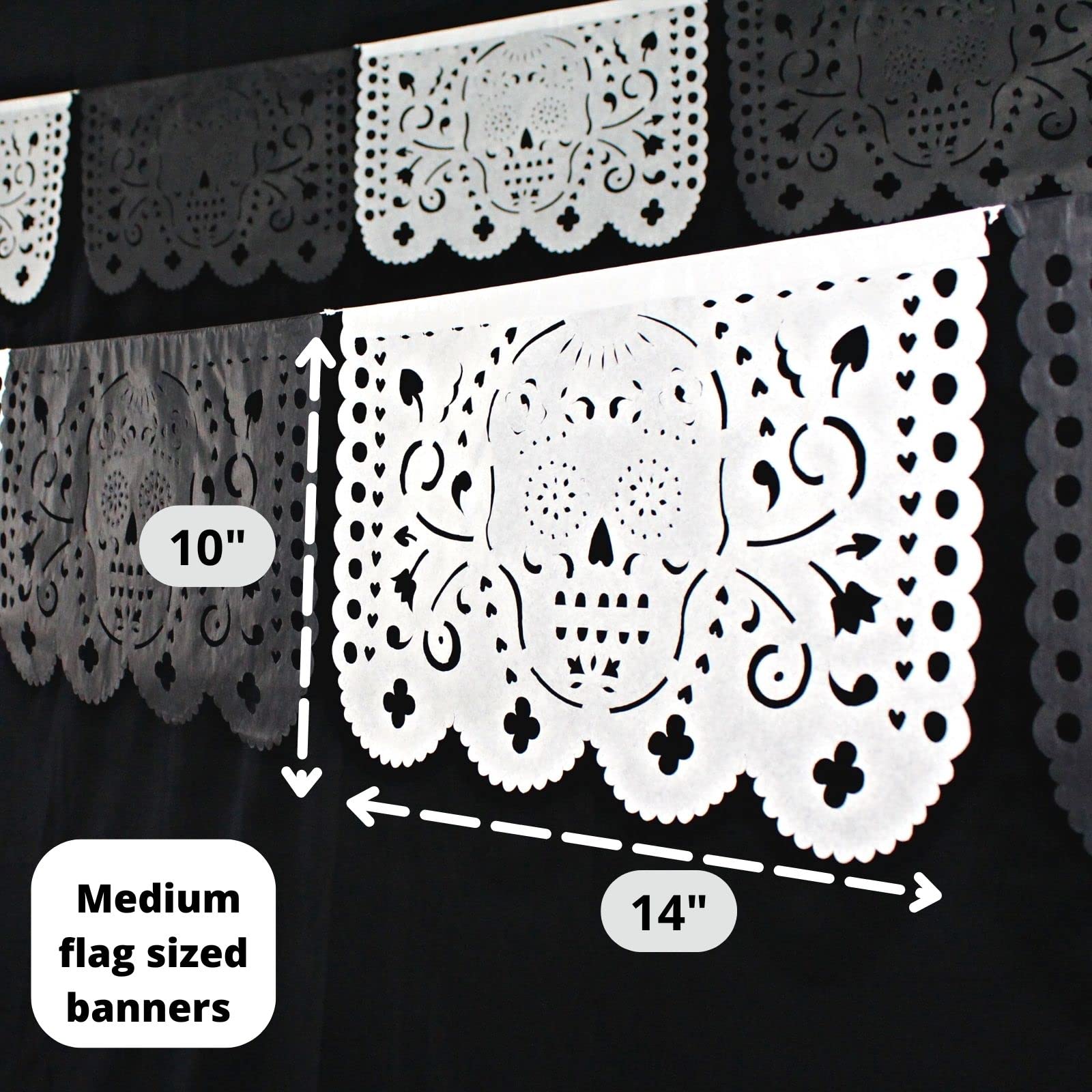 Dia de Los Muertos Decorations, Day of The Dead Banner, Black Mexican Banner 5 Pack|Tissue Paper|White and Black Skulls