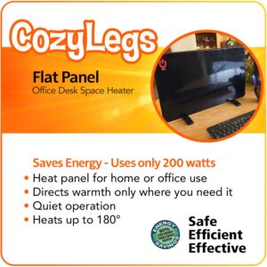 Cozy Products New and Improved Cozy Legs, Flat Panel Space Heater for Home and Office, Portable Heater with Built-in Thermostat, 200-watt, Energy-Efficient, 19" x 13" x 5/8", 5 lbs., Black