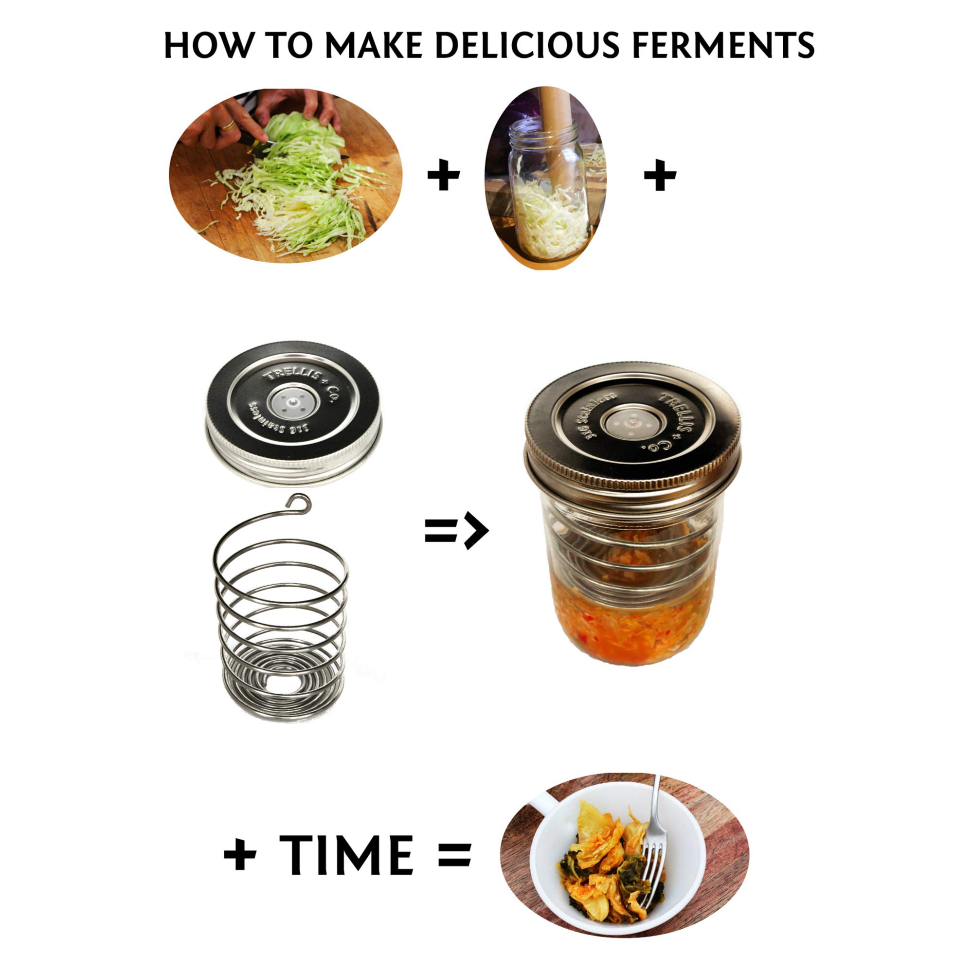 Trellis + Co. 316 Stainless Steel Fermentation Lids | 3 Silicone Waterless Fermenter Airlock Lids | Easy Lacto Fermenting Wide Mouth Mason Jar Canning Lids | Free Recipe eBook Included