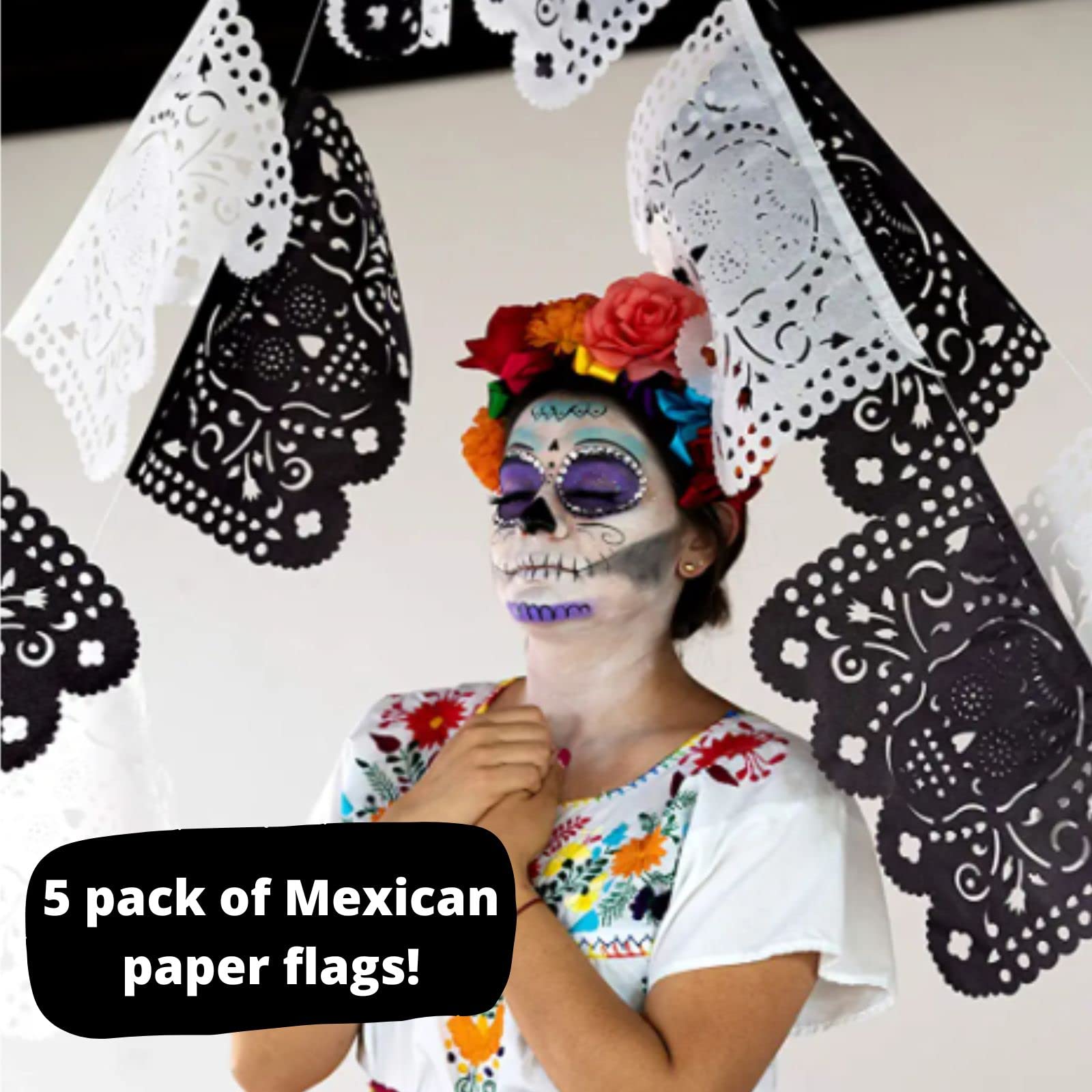 Dia de Los Muertos Decorations, Day of The Dead Banner, Black Mexican Banner 5 Pack|Tissue Paper|White and Black Skulls