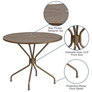 Flash Furniture Oia Commercial Grade 35.25" Round Gold Indoor-Outdoor Steel Patio Table with Umbrella Hole