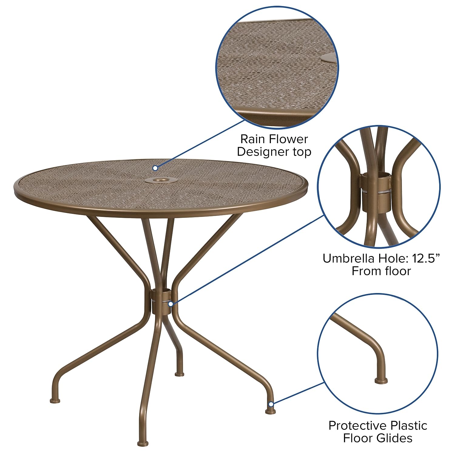 Flash Furniture Oia Commercial Grade 35.25" Round Gold Indoor-Outdoor Steel Patio Table with Umbrella Hole