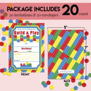 Building Blocks Birthday Party Invitations, 20 5x7 Fill In Cards with Twenty White Envelopes by AmandaCreation