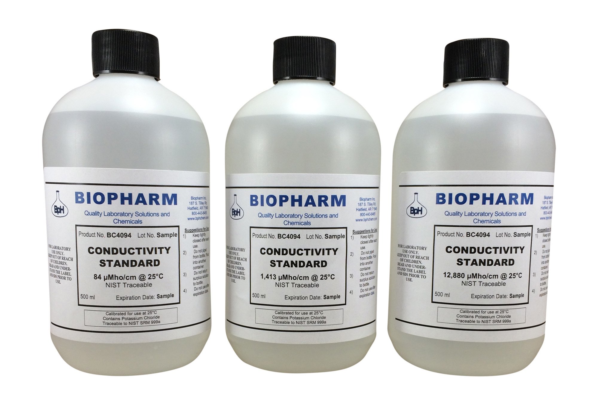 Conductivity Calibration Standard 3-Pack — 500 mL (1.06 Pint) Each: 84 μS, 1,413 μS and 12,880 μS