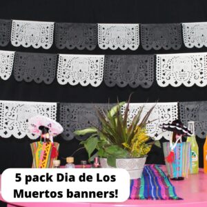 Dia de Los Muertos Decorations, Day of The Dead Banner, Black Mexican Banner 5 Pack|Tissue Paper|White and Black Skulls