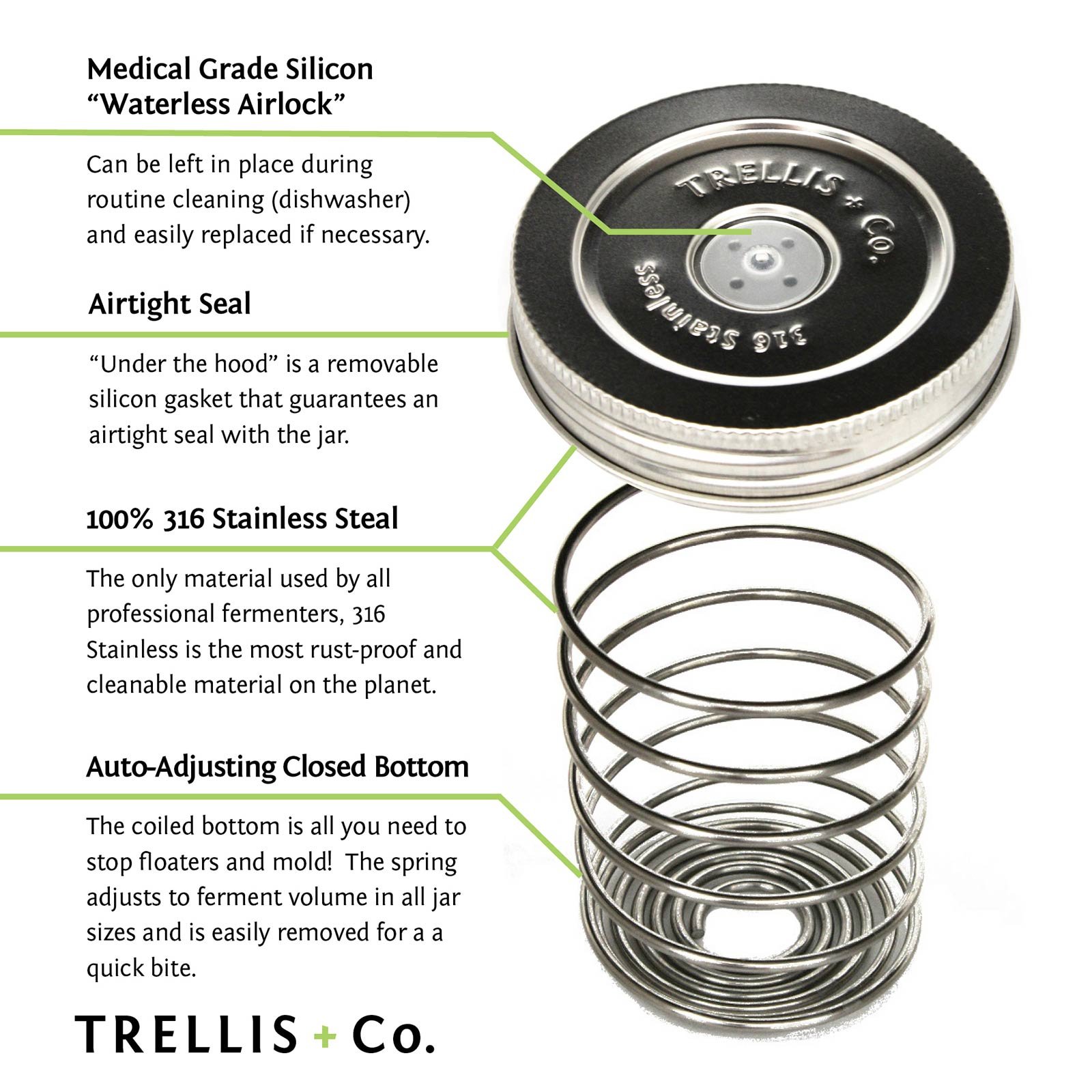 Trellis + Co. 316 Stainless Steel Fermentation Lids | 3 Silicone Waterless Fermenter Airlock Lids | Easy Lacto Fermenting Wide Mouth Mason Jar Canning Lids | Free Recipe eBook Included