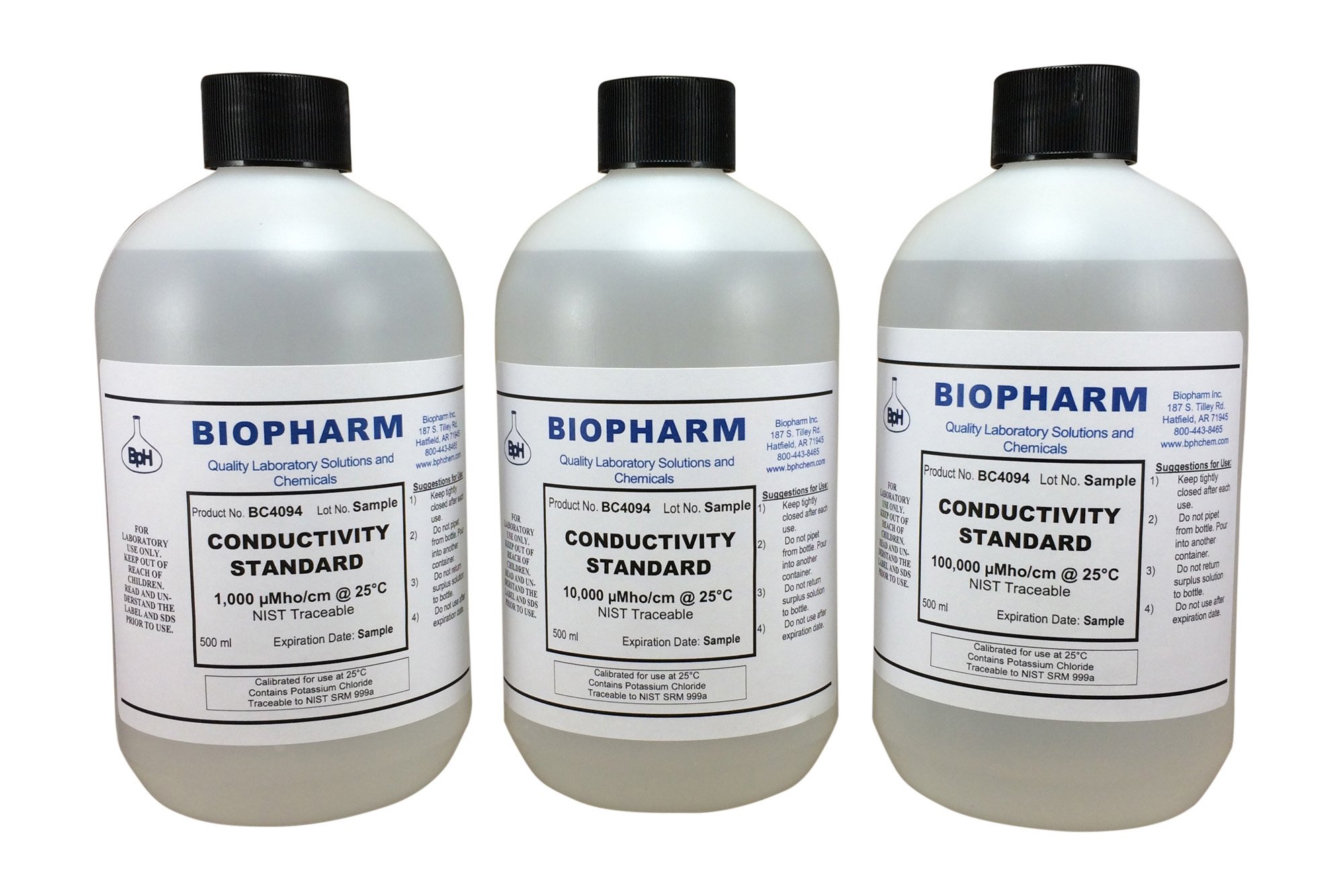 Conductivity Calibration Standard 3-Pack — 500 mL (1.06 Pint) Each: 1,000 μS, 10,000 μS and 100,000 μS