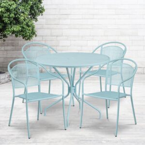 Flash Furniture Oia Commercial Grade 35.25" Round Sky Blue Indoor-Outdoor Steel Patio Table Set with 4 Round Back Chairs