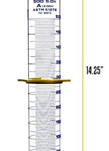 EISCO Graduated Cylinder, 500mL - ASTM, Class A Tolerance ±2.00mL - Protective Collar, Hexagonal Base - Blue Graduations - Borosilicate 3.3 Glass