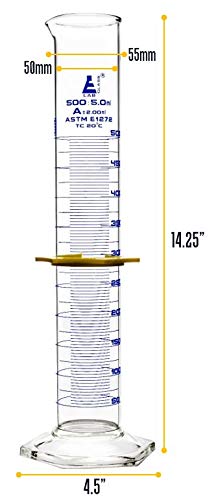 EISCO Graduated Cylinder, 500mL - ASTM, Class A Tolerance ±2.00mL - Protective Collar, Hexagonal Base - Blue Graduations - Borosilicate 3.3 Glass