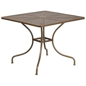 Flash Furniture Oia Commercial Grade 35.5" Square Gold Indoor-Outdoor Steel Patio Table Set with 2 Round Back Chairs