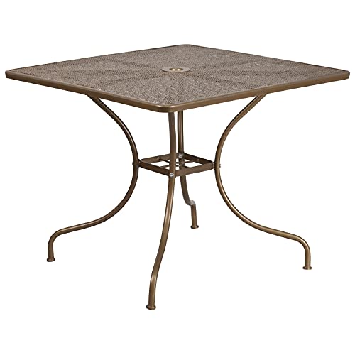 Flash Furniture Oia Commercial Grade 35.5" Square Gold Indoor-Outdoor Steel Patio Table Set with 2 Round Back Chairs