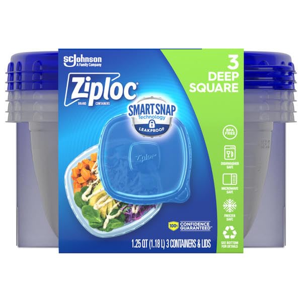 Ziploc Storage Containers with SmartSnap Technology, Deep Square, 1.25Q, 3 Pack