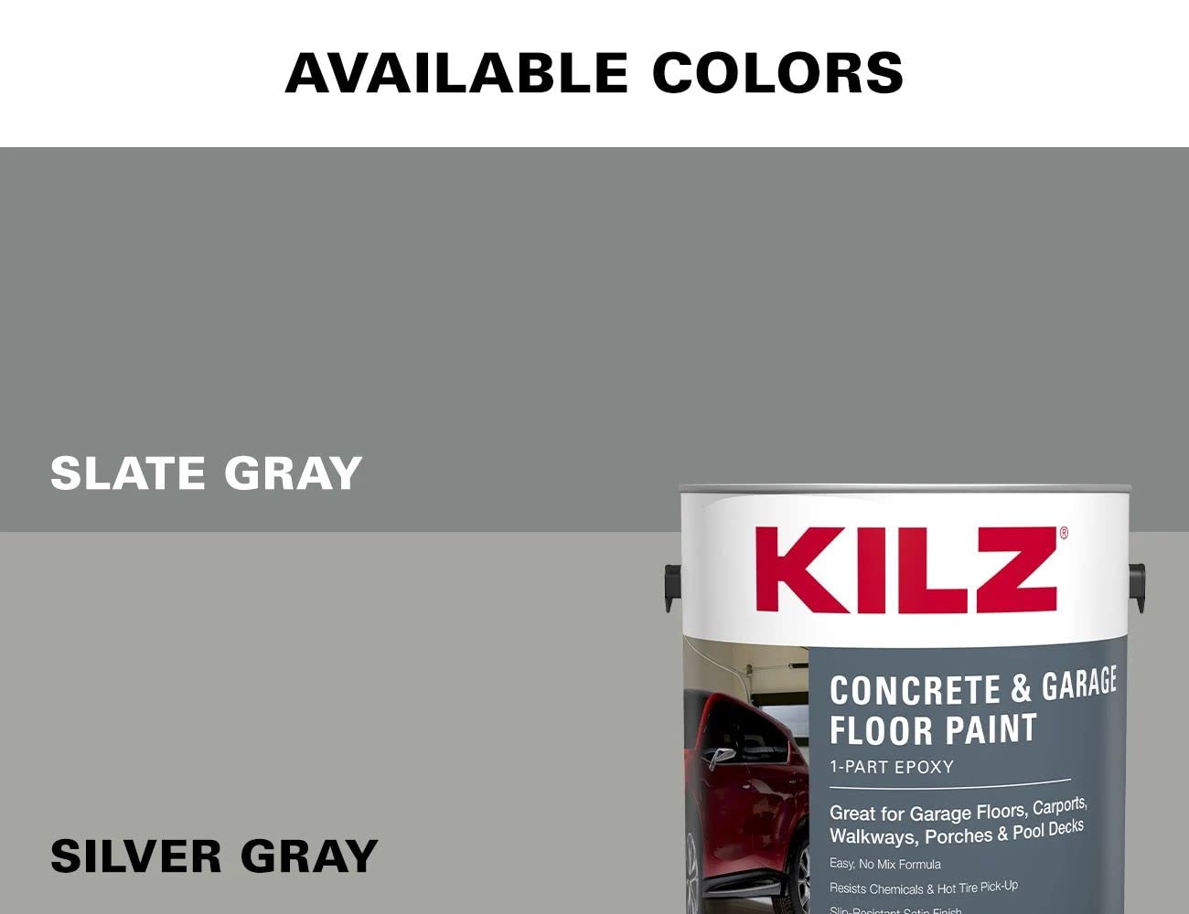 KILZ 1-Part Epoxy Acrylic Concrete and Garage Floor Paint, Interior/Exterior, Satin, Slate Gray, 1 Gallon